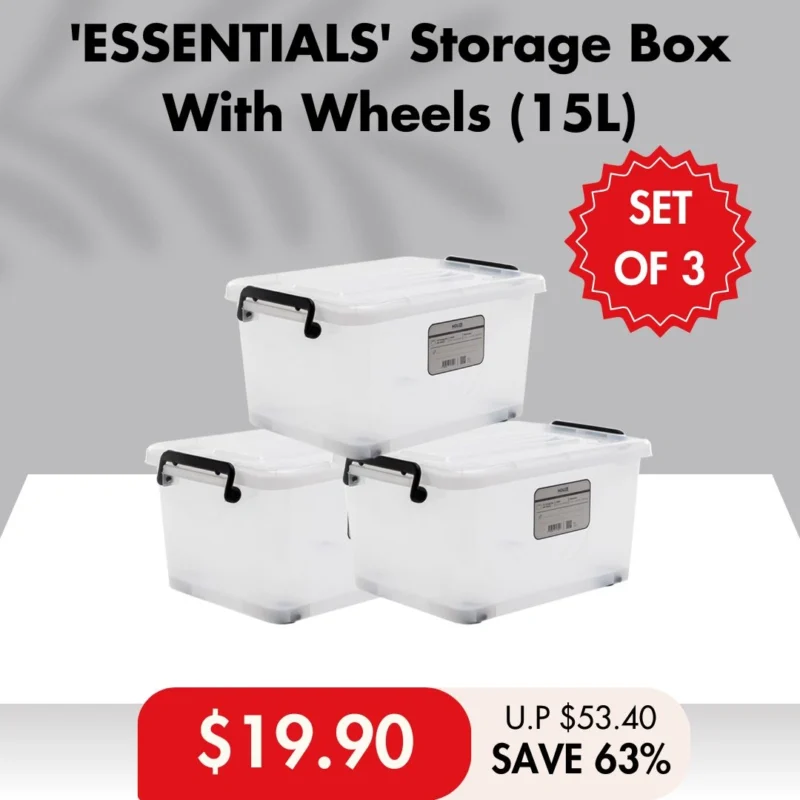 HOUZE - 'ESSENTIALS' Storage Box With Wheels 5 Sizes 15L|35L|55L|75L|95L (Clear) - Plastic | Container | Box | Organizer