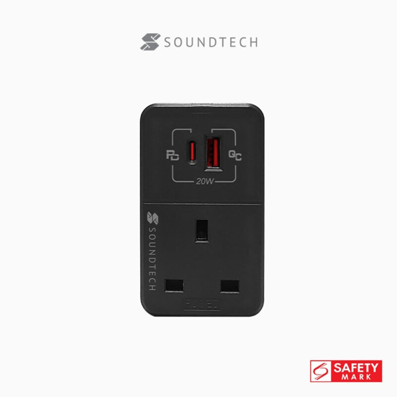 SOUNDTECH - 3Ways Adaptor with USB A+C Quick Charger. DARK GREY | LIGHT GREY