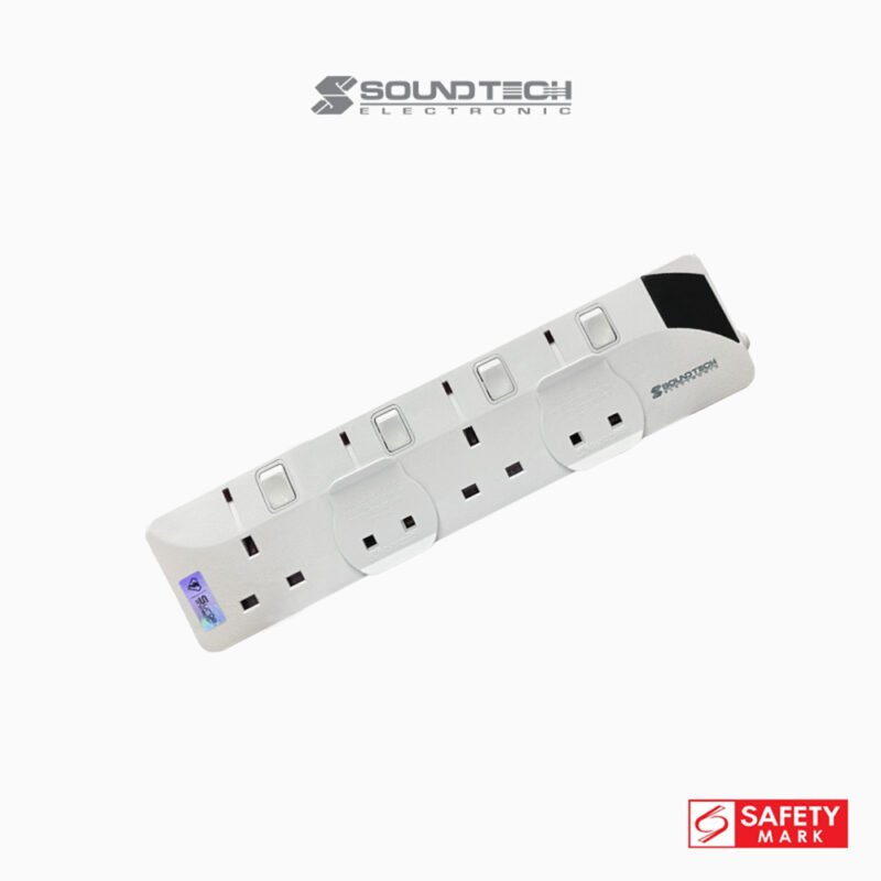 SOUNDTECH - 4Ways Extension Socket 6Metres with Surge Protection. Black | White