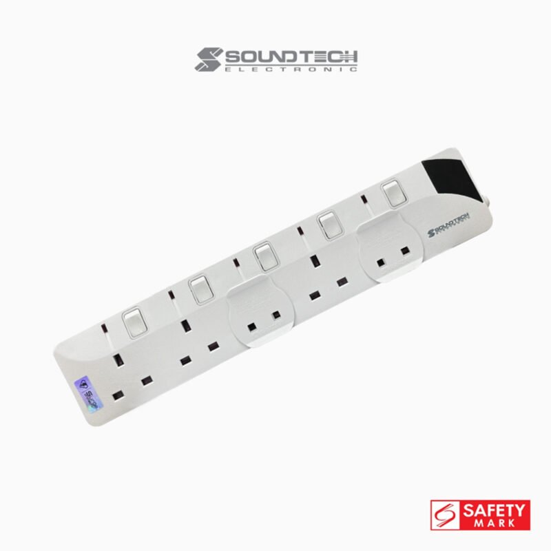 SOUNDTECH - 5Ways Extension Socket 6Metres with Surge Protection. Black | White