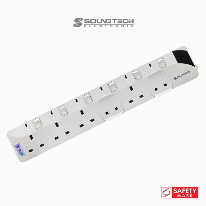 SOUNDTECH - 6Ways Extension Socket 6Metres with Surge Protection. Black | White