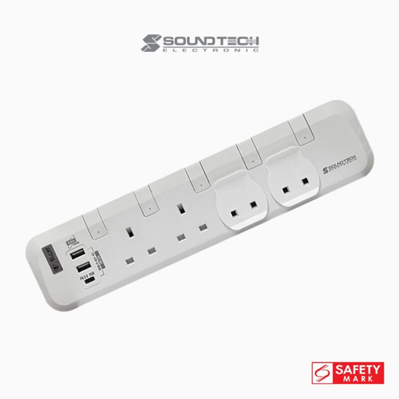 SOUNDTECH - 4Ways 3Metres USB A+C Quick Charger Power Strip with Surge Protection. Black | White