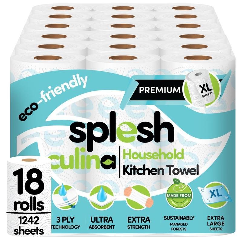 Splesh Culina Premium Kitchen Towel 3 Ply Ultra Absorbent XL Roll, 18 Rolls