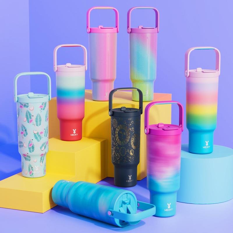 【Meoky】32oz&40oz Double-mouth Handle Tumbler, Direct Drinking Mouth and Straw Mouth, Replaceable Handle, Plastic Handle & Braided Handle, Leak-proof Cup Lid, Non-slip Noise Reduction Pad, Wide Mouth and Narrow Bottom for Easy Cleaning and Car Loading